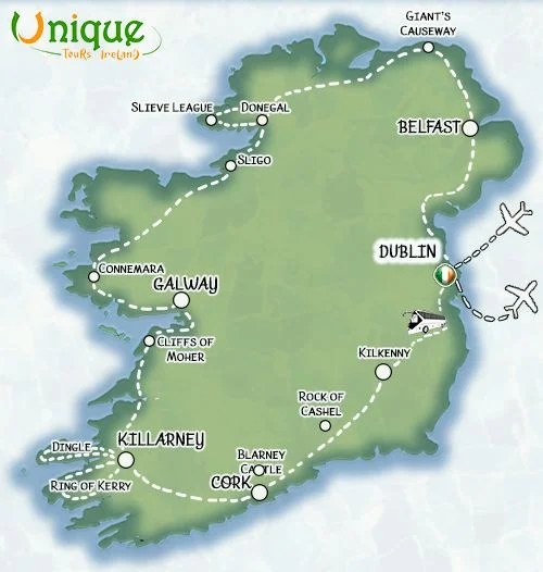 Map of 12-day Ireland tour route by Unique Tours Ireland showing key destinations and travel path