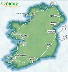 Map of the 10-Day Ireland Bucket List Tour itinerary including Dublin, Belfast, Galway, Killarney, Donegal, Cliffs of Moher, and the Wild Atlantic Way.