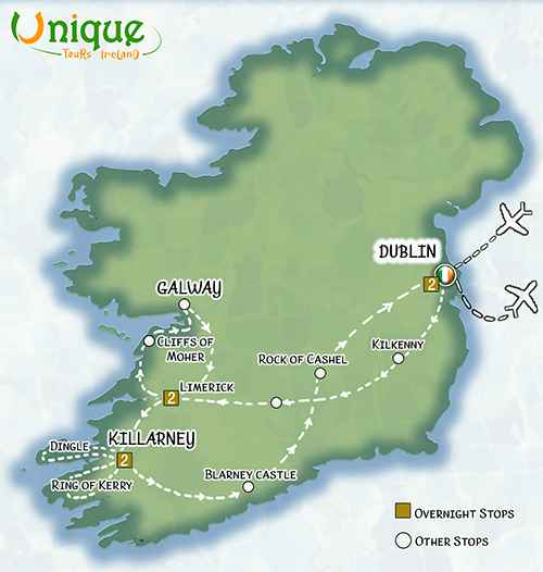 7-Day Ireland Highlights Tour map with major destinations including Dublin, Galway, Killarney, Cliffs of Moher, and the Wild Atlantic Way