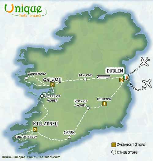 8-Day Ireland Highlights Tour map with route including Dublin, Belfast, Galway, Killarney, and the Wild Atlantic Way.