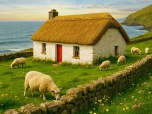 Irish thatched cottage with sheep grazing near the Atlantic Ocean along the Wild Atlantic Way in Ireland.
