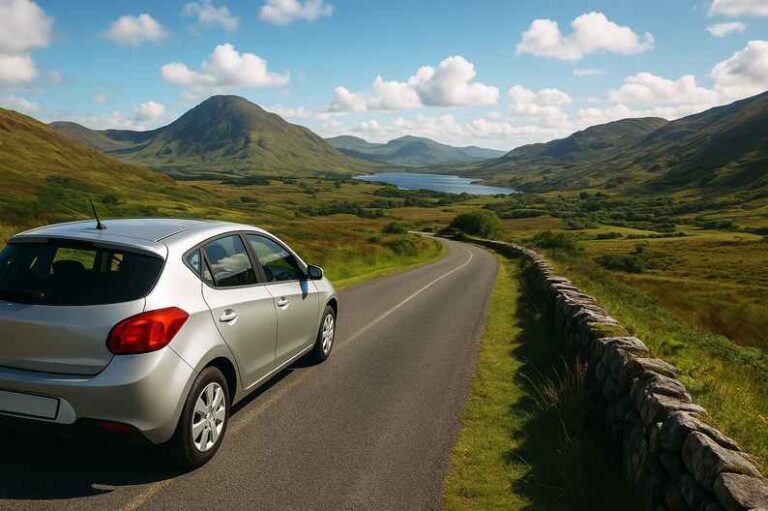 Tourists enjoying a self-drive tour in Ireland, exploring scenic roads, countryside, and iconic landmarks.