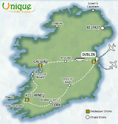 Detailed map of a 5-day Southern Ireland itinerary featuring key destinations such as Dublin, Cork, Killarney, and the Cliffs of Moher.